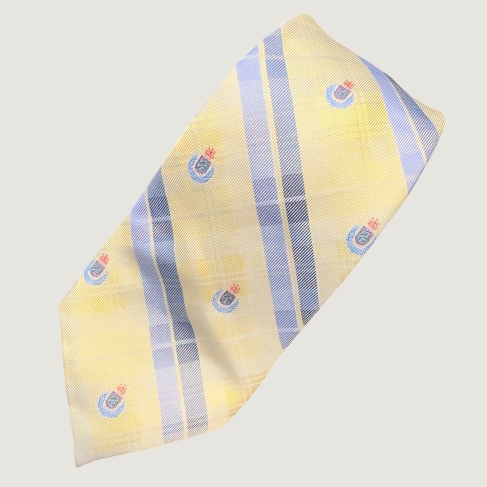 1417 | Harve Benard Silk Plaid Crest Embroidered Necktie Yellow Blue Mens OS